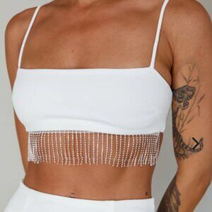 Call On Me Diamante Fringe Top White